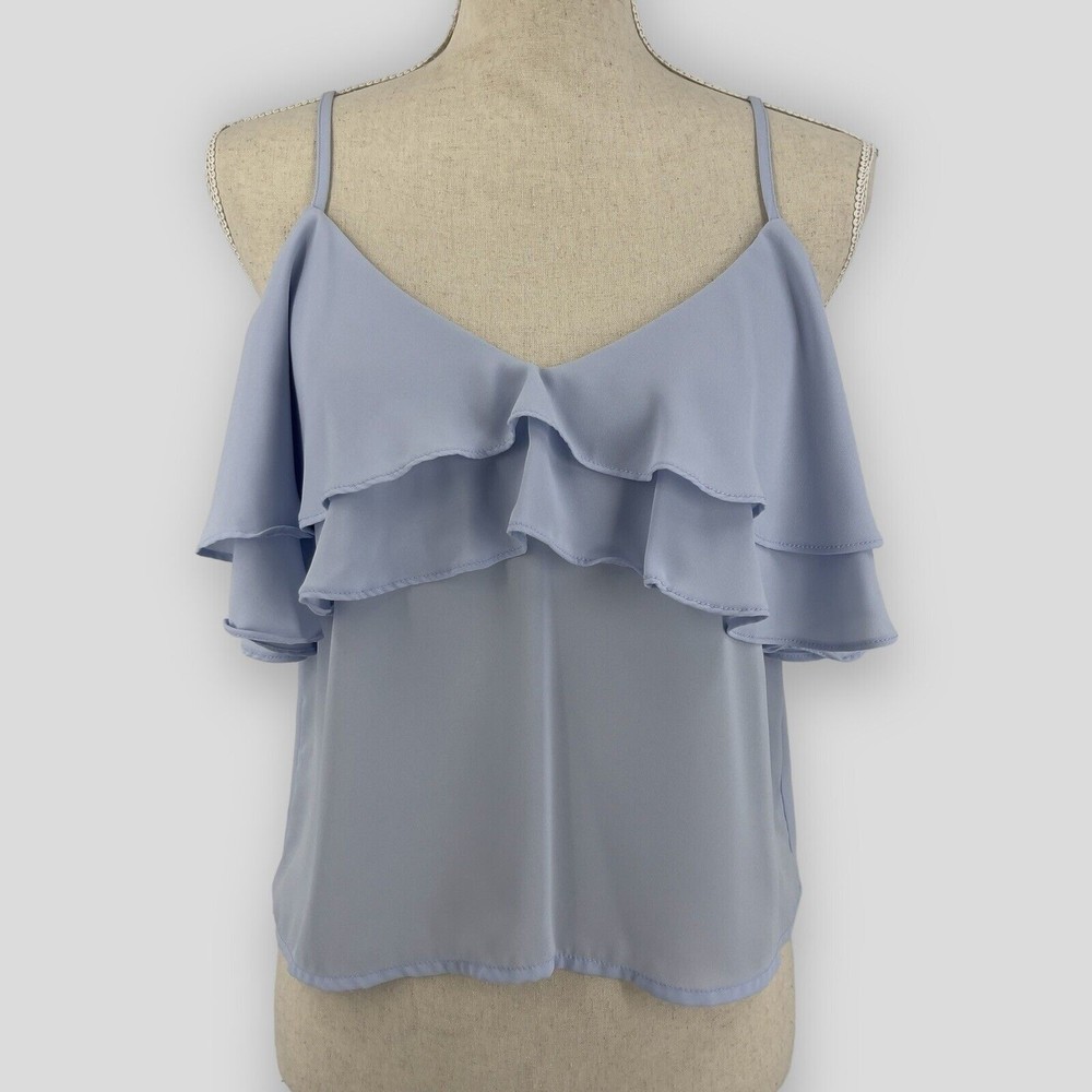 Forever 21 Ruffle Flounce Cami Womens Cold Shoulder Sheer Blouse Blue Size Small